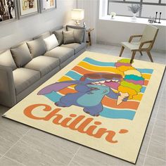 a living room with a couch and rug on the floor that says chillin '