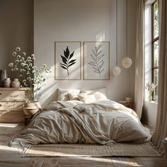 an unmade bed in a bedroom with two paintings on the wall above it and vases filled with flowers