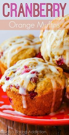 cranberry orange muffins on a red plate