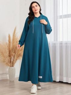 SHEIN Essnce Casual Plus Size Hoodie Dress With Big Pockets For Commuting, Versatile, Loose Fit, Olive, Autumn | SHEIN USA Plain Long Sleeve Casual Dress, Casual Plain Long Sleeve Dress, Casual Long Sleeve Plain Dress, Solid Color Long Sleeve Cotton Dress, Plain Cotton Fall Dresses, Cotton Long Sleeve Maxi Dress For Winter, Winter Cotton Maxi Dress With Long Sleeves, Winter Long Sleeve Cotton Maxi Dress, Cotton Long Sleeve Maxi Dress