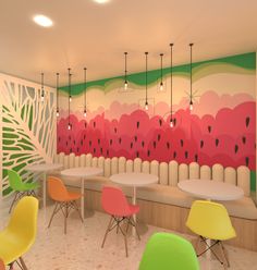 this is an image of a restaurant with colorful chairs and tables in front of a wall mural