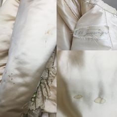 "Museum Deaccession: Beautiful and rare ladies Historical Wedding Ensemble dated to the early 1890s in great condition. As you can see from the photos, it presents quite well. Hand made in New York by A F Jammes with fine couture detailing for a Miss EB Jennings. (hand written on a sewn in piece of silk) Both pieces are 100% Silk Duchess Satin in a Golden Champagne color Fitted Bodice: Falls to natural waist at sides but dips down in the front and back High neck bodice trimmed down the front wit Historical Wedding, Gown With Jacket, High Neck Lace Dress, Silk Evening Gown, Duchess Satin, Lace Veils, Sewing Ribbon, Couture Details, Silk Roses