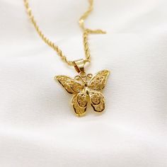 Butterfly Necklace 24k Yellow Gold Filled Necklace Length: 16.5'' Gold Dainty Butterfly Pendant Necklace, Dainty Gold Butterfly Pendant Necklace, Gold Butterfly Charm Pendant Necklace, Gold Plated Butterfly Necklace With Charm, Gold-plated Jewelry With Butterfly Charm, Gold Pendant Necklace With Butterfly Charm, Elegant Gold Butterfly Charm Necklace, Gold Butterfly Charm Necklace With Delicate Chain, Gold Necklace With Butterfly Charm As Gift