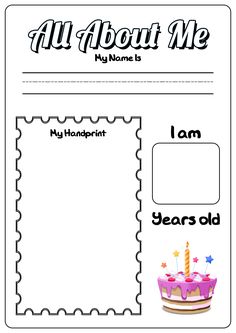 an all about me worksheet with a birthday cake