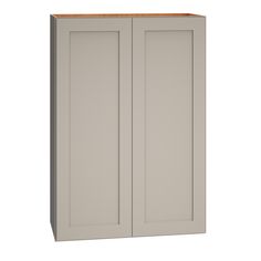 a gray cabinet with two doors and a wooden top