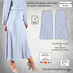 an image of a woman wearing a skirt and blouse sewing pattern with the measurements shown