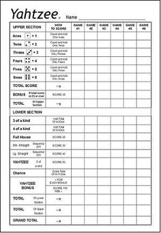 the yahtze score sheet is shown in black and white