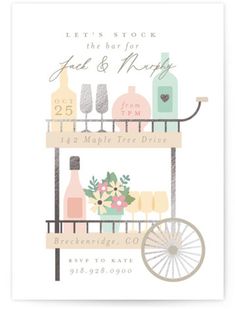 This joint shower invite features a drinks cart with foil highlights. Drinks Cart, Foil Highlights, Drink Cart, The Bar, Bridal Shower Invitations, Shower Invitations, Bridal Shower, Foil, Highlights