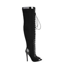 Shop Black Suede Peep Toe Lace Up Thigh High Boots Stiletto High Heels color Black for Going out, Music Festival, Night Club, Party with worldwide Free shipping & Free return. Fall Party Lace-up Knee-high Boots, Fitted Open Toe Boots For Club, Fitted Open Toe Boots For Night Out, Thigh High Club Heels, Elegant Thigh High Heeled Boots For Night Out, Glamorous Thigh High Heeled Boots For Party, Glamorous High Heel Knee-high Boots For Night Out, Elegant Thigh High Heeled Boots For Party, Elegant Thigh High Heels For Club