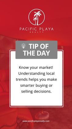 a red couch with the text tip of the day know your market understand how to make smarter buying or selling