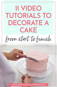 someone is decorating a cake with pink frosting on it and the words, 11 video tutors to decorate a cake from start to finish