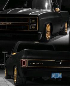 a black car with gold rims parked in a garage