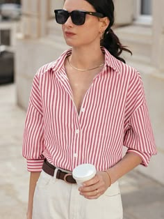 Rojo y blanco Casual Collar manga media Tela tricotada A rayas Camisa Embellished No-Elástico Red And White Striped Shirt Outfit, Pink Striped Shirt Outfit, Red Striped Shirt Outfit, Striped Blouse Outfit, Red Shirt Outfits, White Striped Shirt Outfit, Red White Striped Shirt, Pink Shirt Outfit