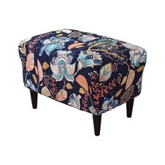 the foot stool is covered in an intricately designed fabric