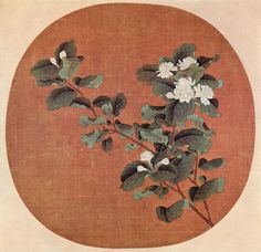 an oval painting with white flowers and green leaves on the top, in front of a brown background