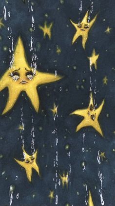 five yellow stars floating in the air with drops of water around them on a dark blue background