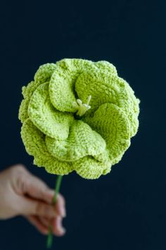 a hand holding a crocheted flower in front of a dark blue background,