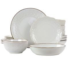 PRICES MAY VARY. Service For: Four Shape: Round, Scalloped Design: Embossed, Scalloped Construction: Stoneware Color: Ivory Included components: four dinner plates, four salad plates, four cereal bowls, four bowls Plastic Dinnerware Sets, Melamine Dinnerware Sets, Plastic Dinnerware, Stoneware Dinnerware Sets, Melamine Dinnerware, Stoneware Dinnerware, Tableware Collection, Dish Sets, Salad Plate