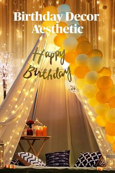 a birthday card with balloons and lights in the background that reads, happy birthday decor aesthetic