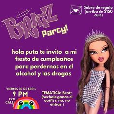 a flyer for a party with a doll wearing a tiara