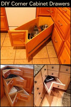 the kitchen cabinet drawers are open and ready to be used