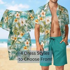 **Matching Couple's Summer Outfits - Tropical Sundress & Men's Shorts and Shirt Set**  Each item is ordered and priced separately. When purchasing more than one item, please choose item and size, adding each one to your cart before completing the purchase.  Elevate your vacation style with our stunning matching couple's summer outfits! Perfect for romantic getaways, beach trips, and tropical vacations, our coordinated sets are designed to keep you both looking stylish and feeling comfortable. ** Hawaiian Sleeveless Swimwear For Summer, Hawaiian Spring Sleeveless Swimwear, Spring Hawaiian Sleeveless Swimwear, Green Hawaiian Shirt For Summer Vacation, Sleeveless Tropical Swimwear For Holidays, Summer Vacation Green Hawaiian Shirt, Summer Hawaiian Shirt With Hibiscus Print For Vacation, Summer Vacation Hawaiian Shirt With Hibiscus Print, Hawaiian Style Swimwear For Summer Outings