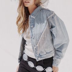 Cropped Denim Jacket With Rhinestones Tassel Autumn Crop Fringed Jeans Jacket 2023 New In Outerwear Korean Women's Denim Jackets - AliExpress Fringe Jean Jacket Outfit, Fringe Jean Jacket, Jean Jacket Outfit, Long Sleeve Jean Jacket, Rhinestone Fringe, Denim Outfits, Denim Clothing, Classic Jacket, Jacket Long