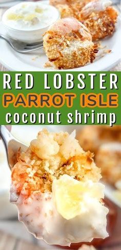 red lobster parrot isle coconut shrimp on a white plate with text overlay reading red lobster parrot isle coconut shrimp