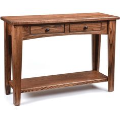 a wooden table with two drawers on one side and an open drawer on the other