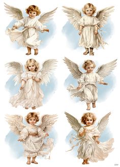 four pictures of angels with white wings and halos on their heads, all in different positions