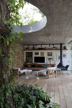 a living room filled with furniture and lots of greenery