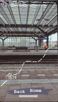 a train station with the words back home and an image of a person on a bench