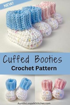 crocheted baby booties are shown with the words, cuffed boots pattern