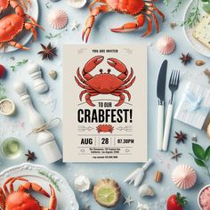 crab fest flyer with plates and utensils