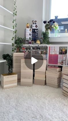 several wooden boxes stacked on top of each other in a room with white carpeting