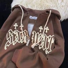 Alt Cute Zip Up Hoodie Spring Fitted Hoodie With Letter Print, Brown Letter Print Hooded Top, Hooded Brown Tops With Letter Print, Brown Hooded Tops With Letter Print, Brown Hooded Top With Letter Print, Brown Winter Sweatshirt With Letter Print, Brown Drawstring Hood Sweatshirt For Spring, Fitted Letter Print Hoodie For Fall, Spring Letter Print Hoodie Outerwear