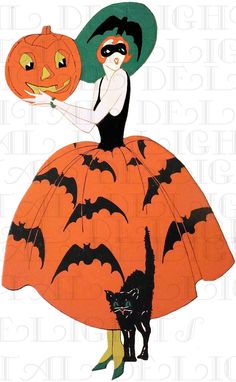 a woman dressed as a witch holding a jack o lantern and a black cat in her hand