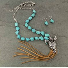 Steer Head Faux Turquoise Nugget Tassel Necklace Set Burnished Silver Tone And Turquoise Color Matching Earrings 30"+3" Ext Steer Head, Turquoise Color, Matching Earrings, Tassel Necklace, Color Matching, Necklace Set, Womens Jewelry Necklace, Tassels, Silver Tone