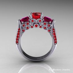 Classic 14K White Gold Three Stone Rubies Red Garnet Solitaire Ring R200-14KWGRGR Art Masters Jewelry, Ring Redesign, Redesign Ideas, Sapphire Solitaire Ring, Sapphire Solitaire, Side Design, Art Masters, 14k White Gold Ring, Red Garnet