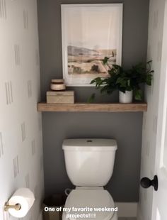 there is a toilet in the bathroom with a plant on the shelf above it and an open door leading to another room