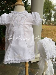 Sweet baby dress has shaped lace and lots of hand embroidery Optional bonnet Shown in white, but can make in most colors Your little angel will have wings in this beautiful little dress White Embroidered Dress For Baptism, Fitted Embroidered Lace Baptism Dress, Fitted White Cotton Baptism Dress, White Fitted Cotton Baptism Dress, Fitted Baptism Dress With Embroidered Short Sleeves, Fitted Embroidered Cotton Baptism Dress, Embroidered Fitted Cotton Baptism Dress, Fitted Baptism Dress With Lace Trim For Church, White Embroidered Baptism Dress For Ceremony