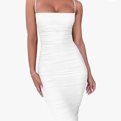 Women’s Spaghetti Strap Bodycon Dress With Ruched Sides Brand New, Never Been Worn Size: Medium White Tight Dresses, Dress Straps, Spaghetti Strap Bodycon Dress, Strap Dress, Ever After, White Shorts, Spaghetti Strap, Colorful Dresses, Spaghetti