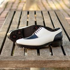 Step up your golf game in style with the Belden Ave. Split Toe No. 8178 Derby Golf Shoe! Crafted with chic white and navy blue box calf leather & designed for both comfort and performance. Its Goodyear Welt construction and Softspikes® cleats keep you steady and sharp on the course. #GolfFashion #StayStylish White Golf Shoes With Rubber Sole, Classic White Wingtip Golf Shoes, Classic White Golf Shoes With Leather Sole, Classic Leather Golf Shoes, White Wingtip Golf Shoes With Rubber Sole, Formal White Golf Shoes With Leather Sole, Golf Shoe, Golf Shoes Mens, Footwear Collection