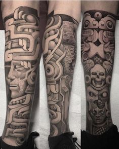 the legs are covered with tattoos and skulls