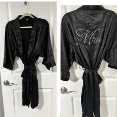 two pictures of a black robe with the name mrs on it, and an image of a woman's jacket