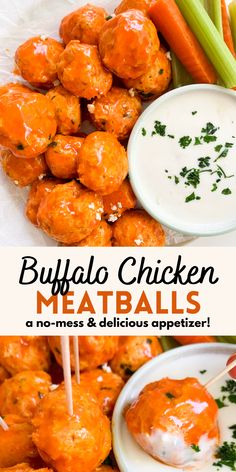 buffalo chicken meatballs with ranch dip and celery sticks on a white plate