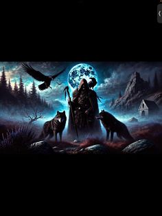 an image of a man with two wolfs in front of him and the moon behind him