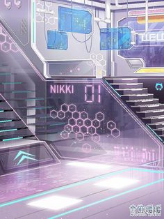 a futuristic sci - fi scene with stairs and neon lights