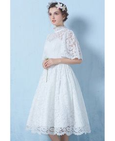 Special Lace High Neck Full Lace Wedding Dress Knee Length with Sleeves #E9860 - GemGrace.com A-line Lace Sleeve Wedding Dress, A-line Lace Dress With Lace Sleeves For Wedding, White Lace Dress With Lace Sleeves For Bridesmaid, White A-line Lace Dress With Lace Sleeves, White Bridesmaid Wedding Dress With Lace Sleeves, White Bridesmaid Dress With Lace Sleeves, White Lace Sleeve Banquet Dress, White Lace Sleeve Dress For Banquet, White Wedding Dress With Lace Sleeves For Bride