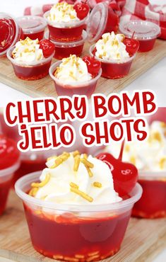 cherry bomb jello shots with whipped cream and sprinkles